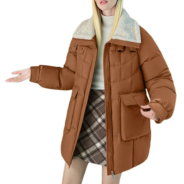 ManxiVoo Womens Medium Length Puffer Jacket Winter Thickened Cotton Blend Coat With High End Texture M Size Orange