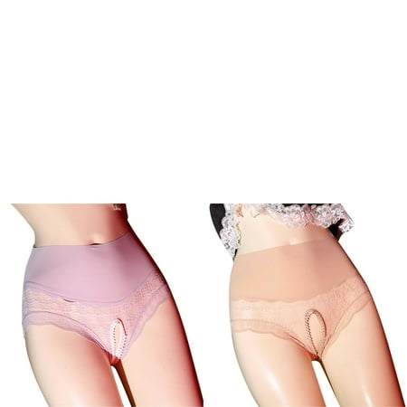 Wijhcboe 2 Pack Sexy Silk Thong Floral Lace Panties High String Bikini Underwear for Women Lace Waist Cloud Lace Open Remote Panties for Women Pleasure Crotch Bonds Underwear Ladies Womens Lace Pant