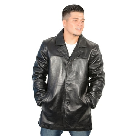 Mens Classic Black Leather Four Button Front Car Coat