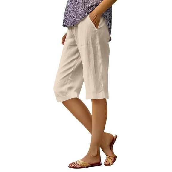 Beige Womens Sweatpants Womens Casual Loose Elastic Waist Cotton Trouser Cropped Wide Leg Pants Casual Pants Women