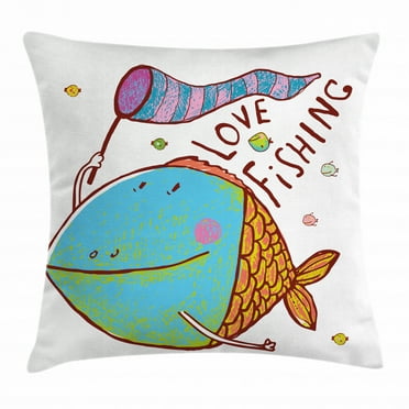 Fishing Decor Throw Pillow Cushion Cover, Kids Cute Large Fat Fish Holding a Flag with Love Quote Humor Fun Nursery Theme, Decorative Square Accent Pillow Case, 20 X 20 Inches, Multi, by Ambesonne