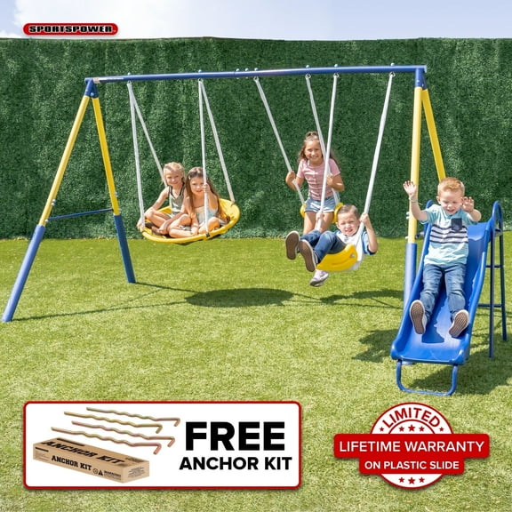 Sportspower Super Saucer Metal Swing Set with 2 Swings, 2-Person Saucer Swing, & 5FT Slide, Outdoor Backyard Fun for Kids Aged 3-8, BONUS Anchor Kit