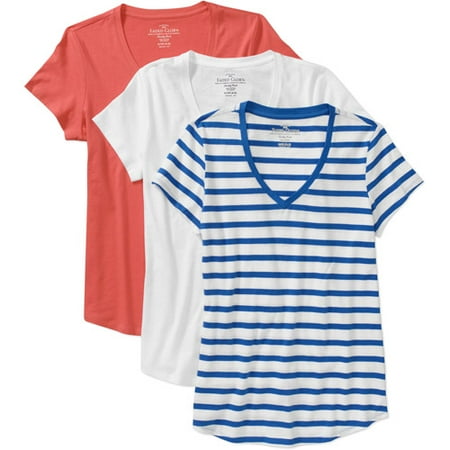 Faded Glory Women's Cotton Short-Sleeve V-Neck T-Shirt, 3-Pack