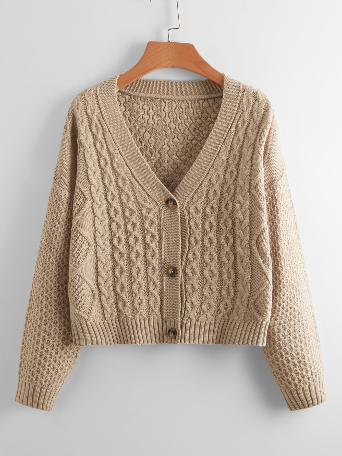 Khaki Cable Knit Button Up Drop 