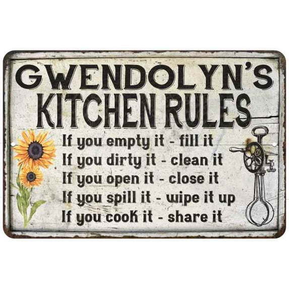 Gwendolyn's Kitchen Rules Chic Sign Vintage Decor 12 x 18 Matte Finish Metal 112180032267