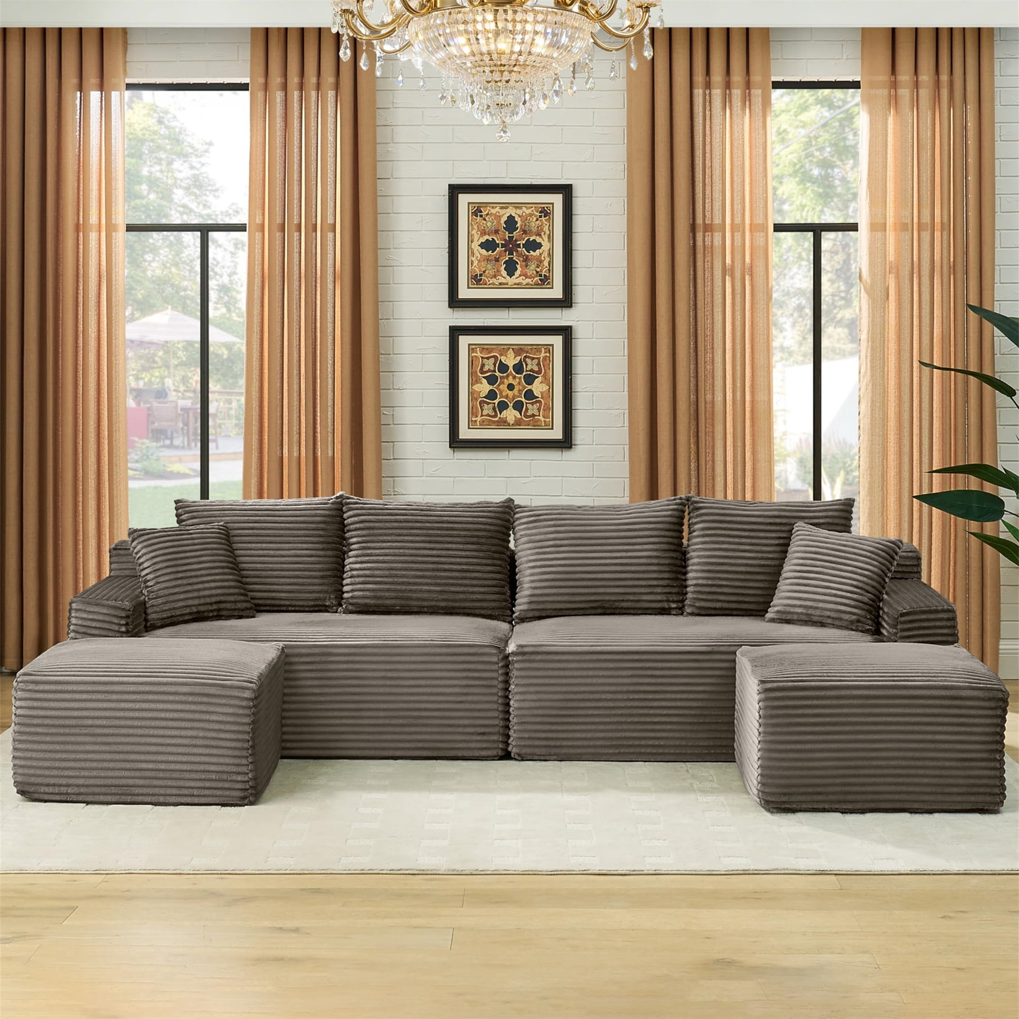 Aukfa 115" Cloud Sectional Sofa U Shape Modular Boneless Couch for Living Room, 2 Ottoman&Pillows, Corduroy, Brown