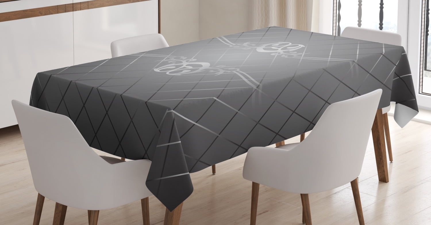 Grey Tablecloth, Checkered Pattern with Scroll Detail Abstract Victorian Classic