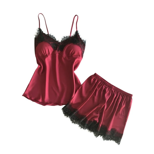 Womens Plus Size Stain Silk Pajamas Set for Padded V Neck Tank Top Shorts  Sleepwear Lounge Set 2pcs Lace Lingerie S-5XL 
