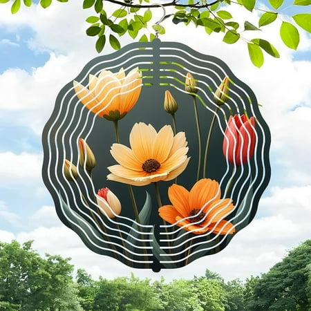 Vibrant Metal Hanging Wind Spinner with Flower Plate Design Concentric Wavy Lines Perfect for Yard and Garden Decor Vibrant Metal Hanging Wind Spinner with Flower Plate Design Concentric Wavy Lines Perfect for Yard and Garden Decor