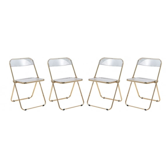 LeisureMod Lawrence Acrylic Folding Chair Gold Metal Frame Set of 4 in Clear