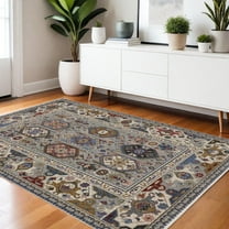 4' X 6' Blue And Gray Oriental Area Rug With Fringe