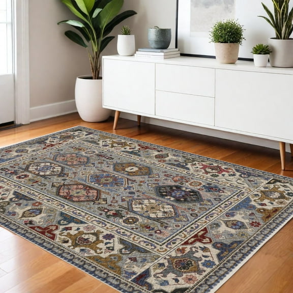 4' X 6' Blue And Gray Oriental Area Rug With Fringe