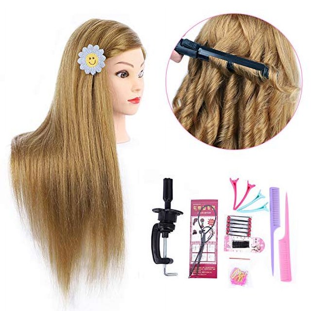 MEDO Cabeza de maniquí de maquillaje de 26 pulgadas Peluquería larga y recta Peluquería y práctica Cabeza de entrenamiento larga Cabello sintético marrón con 50% cabello real Trenzado Cabeza de maniqu