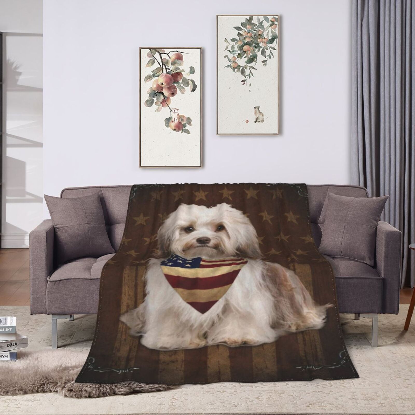Wijzvio Havanese Dog With Vintage American Flag Throw Blanket Soft Fuzzy Fleece Blanket For Couch Bed Living Room Decoration 60"X50"