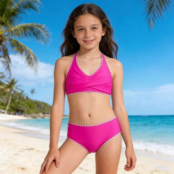 uikmnh Girls Teen 2 Piece Bikini Set Crisscross Back Tie Adjustable Strap Swimwear Color:Hot Pink,Size:15-16 Years