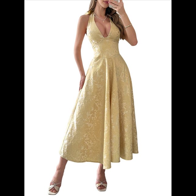 Vestido de Fiesta para Mujer, de Satén Bordado, con Corsé en Forma de A y Corte en A para Cóctel. Amarillo XL