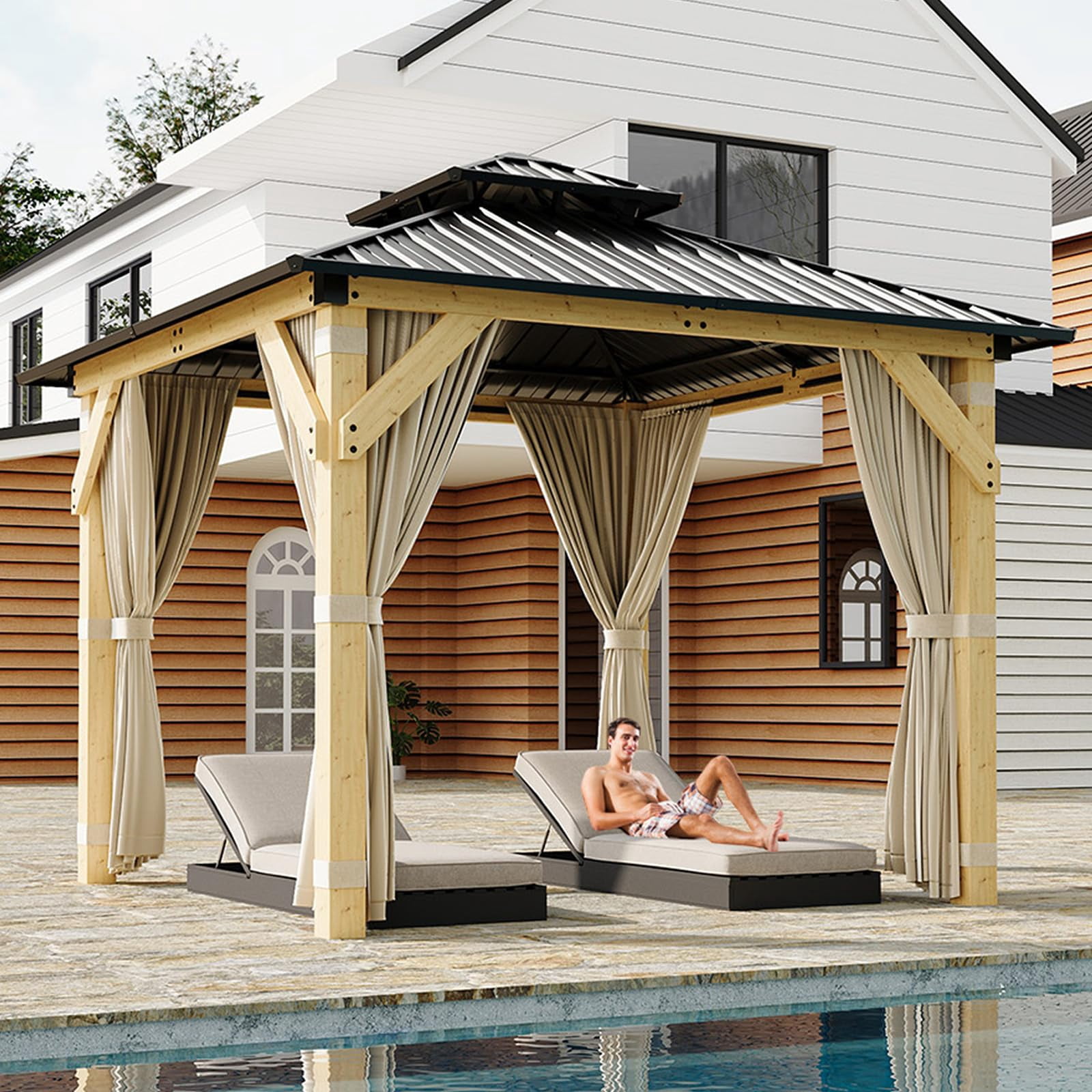 Garvee 10x10 ft Hardtop Gazebo with Nettings and Curtains, Wood Grain Heavy Duty Double Roof Galvanized Steel Outdoor Combined of Vertical Stripes Roof for Patio, Backyard, Deck, Lawns, Khaki