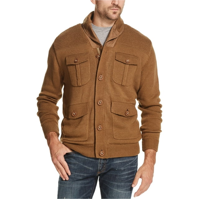 Weatherproof Cardigan pour Hommes Doublé en Polaire à 4 Poches, Beige, Grand