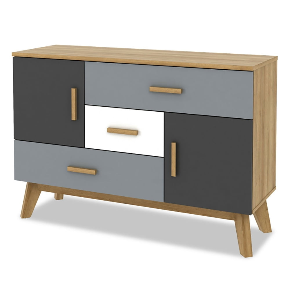 Finihen Storage Floor Cabinet, Free-standing Storage Floor Cabinet with 2 Doors and 3 Drawers, for Living Room, Home, Office, Entryway, Gray