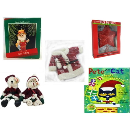 Christmas Fun Gift Bundle [5 Piece] - Hallmark Gone Fishing Handcrafted Ornament - Deck The Halls Red Star Tree Topper 11.5