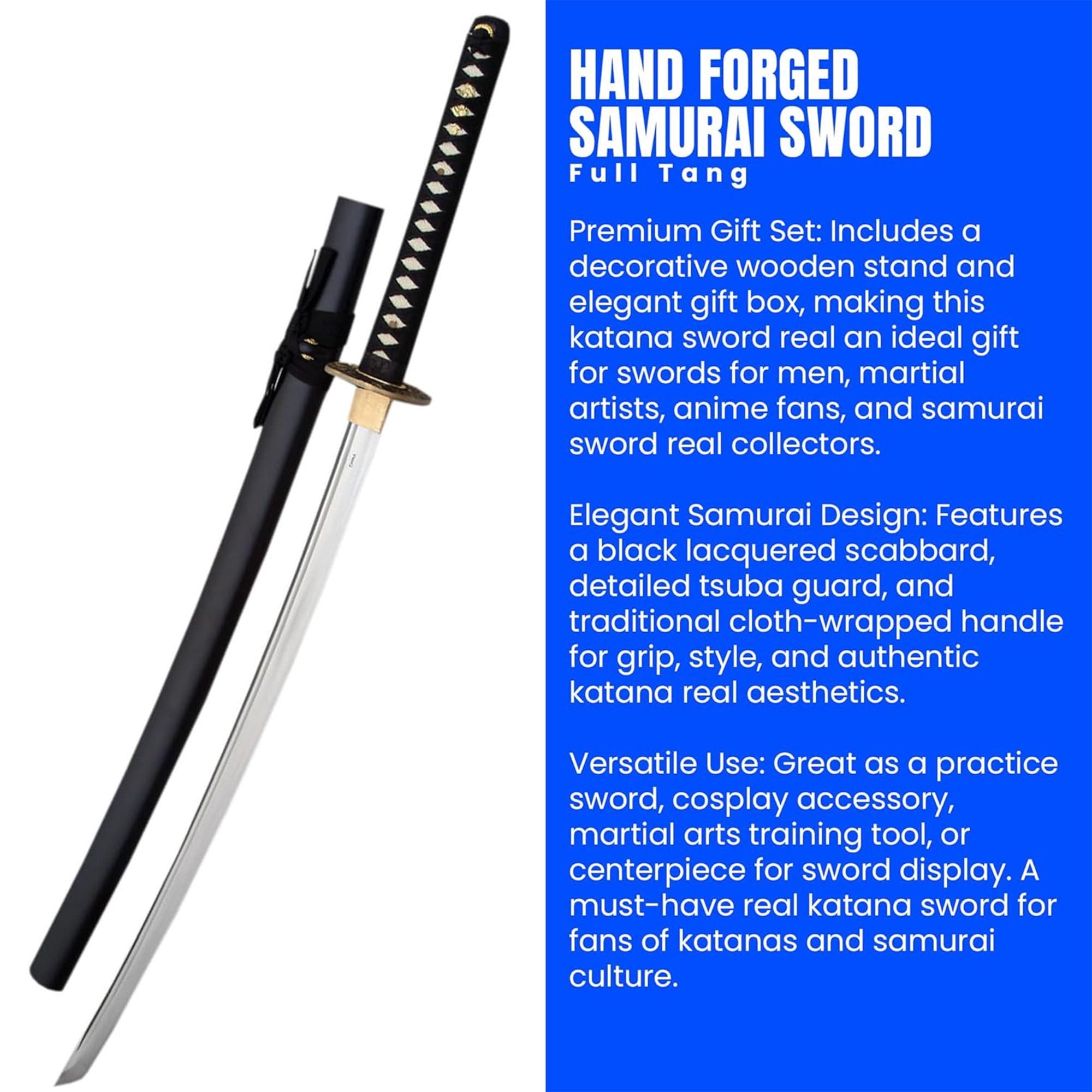 SZCO 41" Hand Forged Samurai Katana Sword Full Tang Stainless Steel Blade Black Scabbard, Display Stand & Gift Box for Cosplay & Display