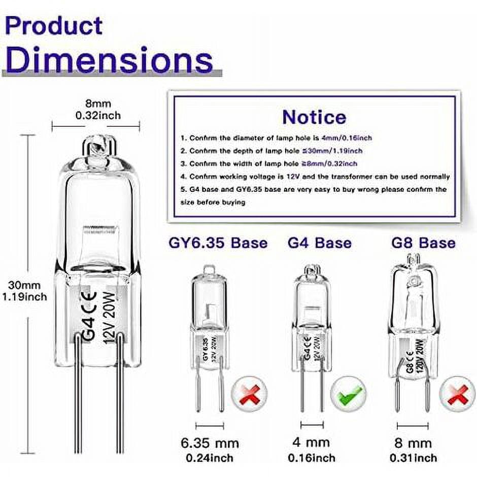 12 Pack G4 20W 12V 2800K 2 Pin Halogen Light Bulb for Hood, Kitchen, Living Room, Bedroom