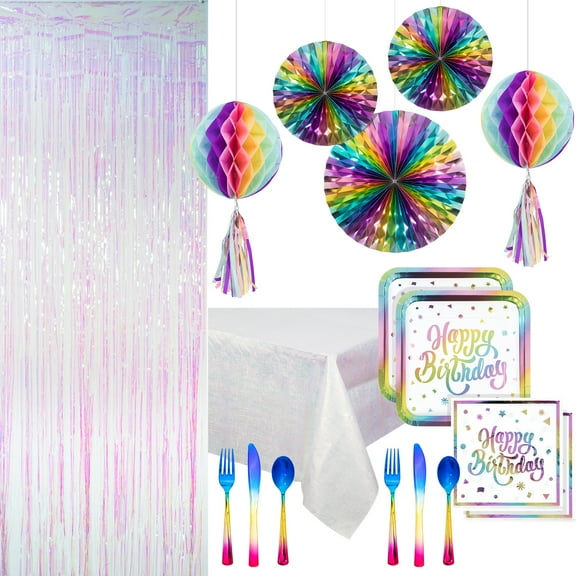 Way to Celebrate Iridescent Rainbow Multicolor Birthday Decoration Kit for 16 Guests, 103-Piece Party Set