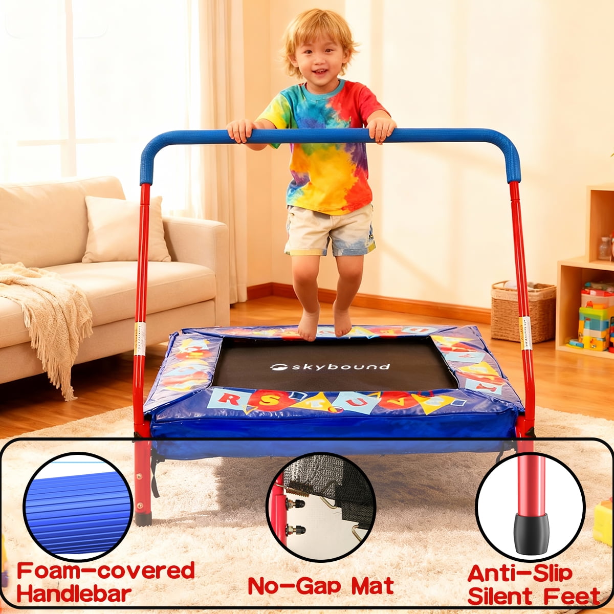 SkyBound 36" Rectangle Mini Trampoline with Handlebar, 4-Leg Stable Support, Blue+Red