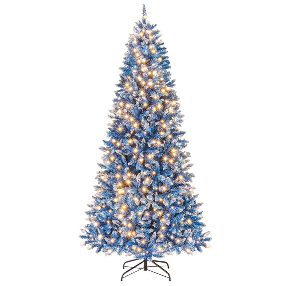 Gymax 7 FT Pre-Lit Artificial Christmas Tree Blue Hinged Xmas Tree w/ 1062 Frosted PVC Branch Tips