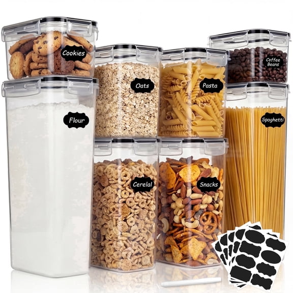 Riousery 8-Piece Airtight Food Storage Containers, BPA-Free Plastic Pantry Canisters with Lids for Cereal, Flour, Dry Food, Includes Labels and Marker