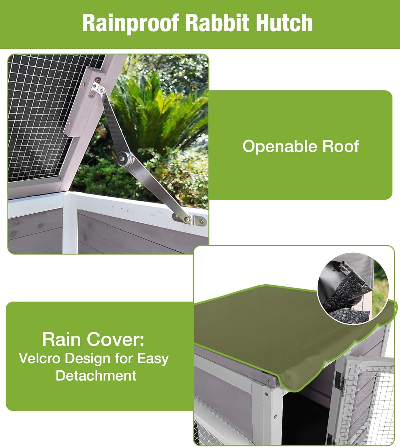 MEDEHOO Duplex Rabbit Hutch Indoor with Chew-Proof Frame & 2 Leak-Proof Sliding Trays, Rain Cover, Wooden Guinea Pig Cages with Wheels - Grey