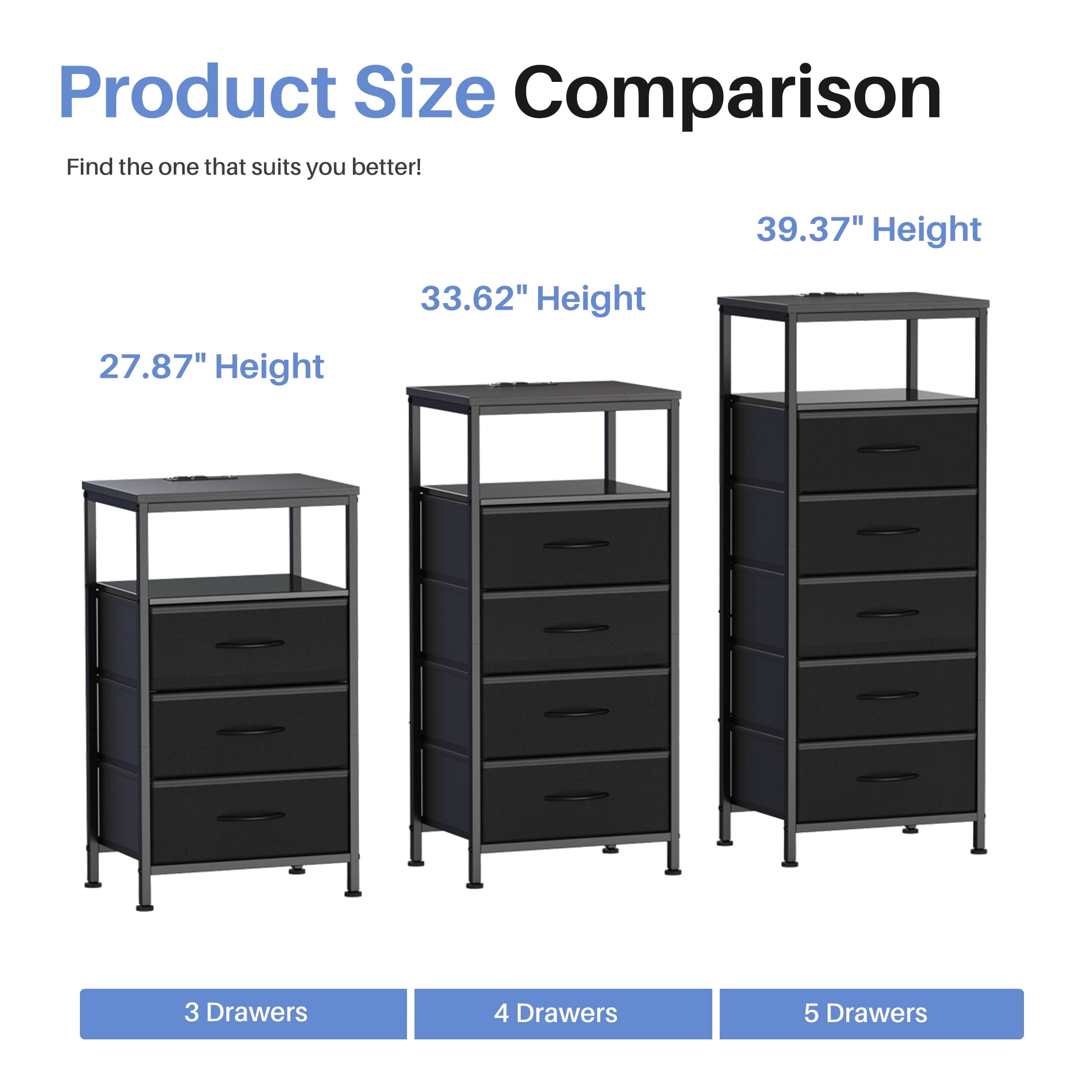 CONCETTA 4 Fabric Drawers Nightstand with Charging Station, USB/Type-C Ports, Adjustable Feet, Bedroom, Black
