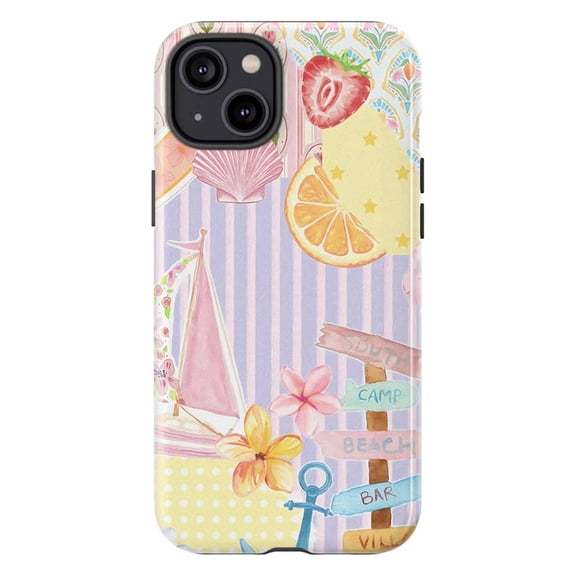 Aesthetic Tropical Beach Collage Phone Case, Summer Pink Sailboat Hibiscus Fruit Cover for iPhone 17 16 15 14 13 12 11 Plus Pro Max Mini