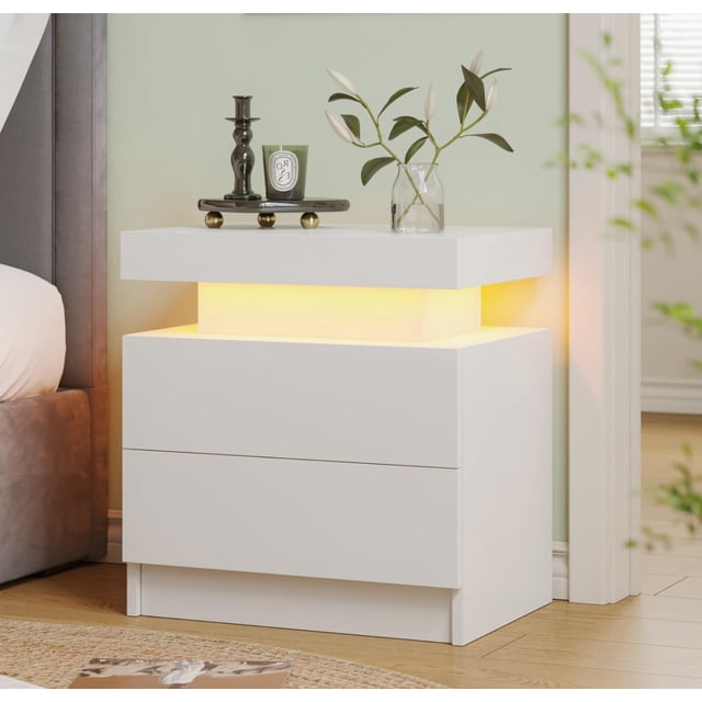 Mesa de Noche Moderna Blanca con LED y 2 Cajones