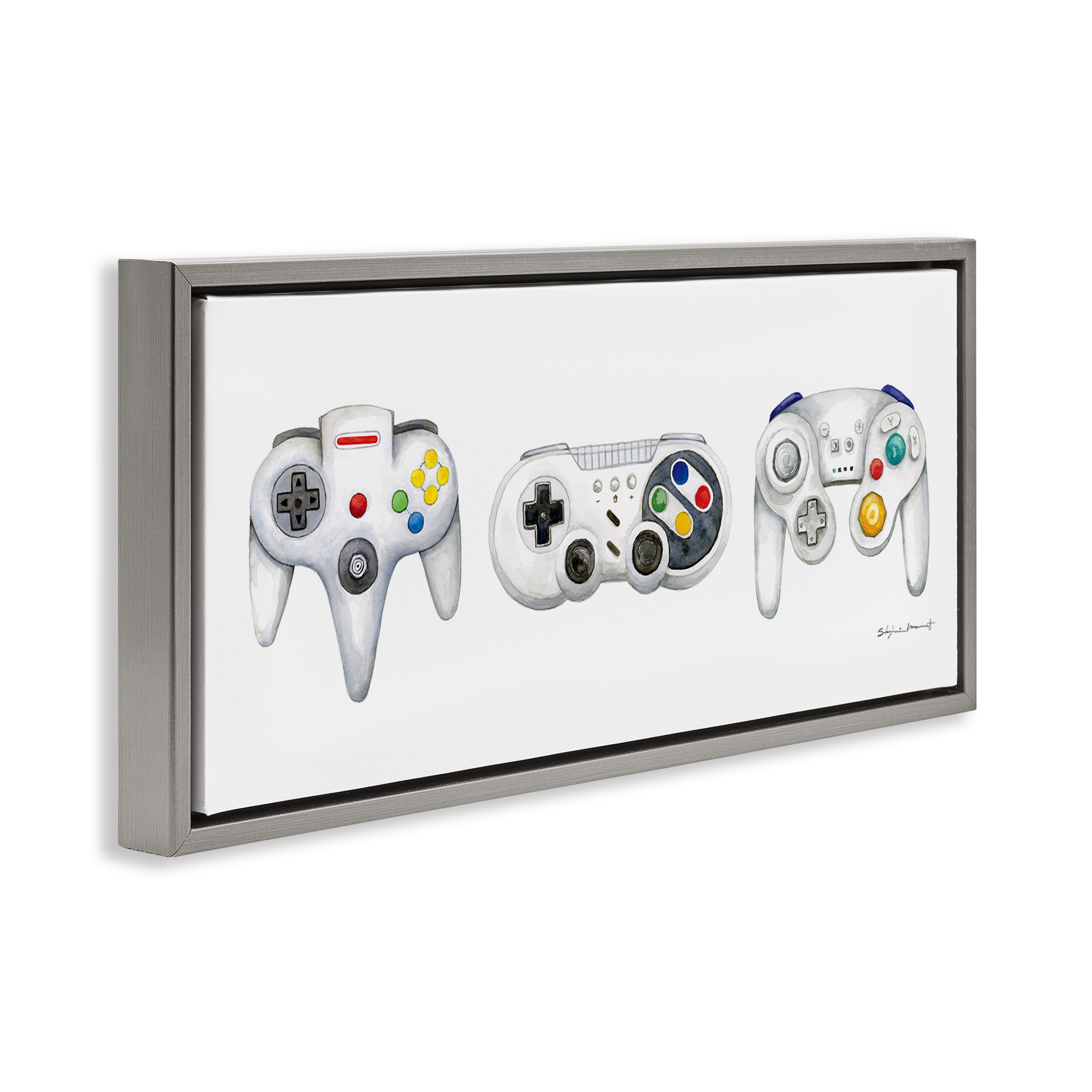 Stupell Industries Vintage Video Game Controllers Art for Kids Painting Gray Floater Framed Canvas Art Print Wall Art, 25 x 11