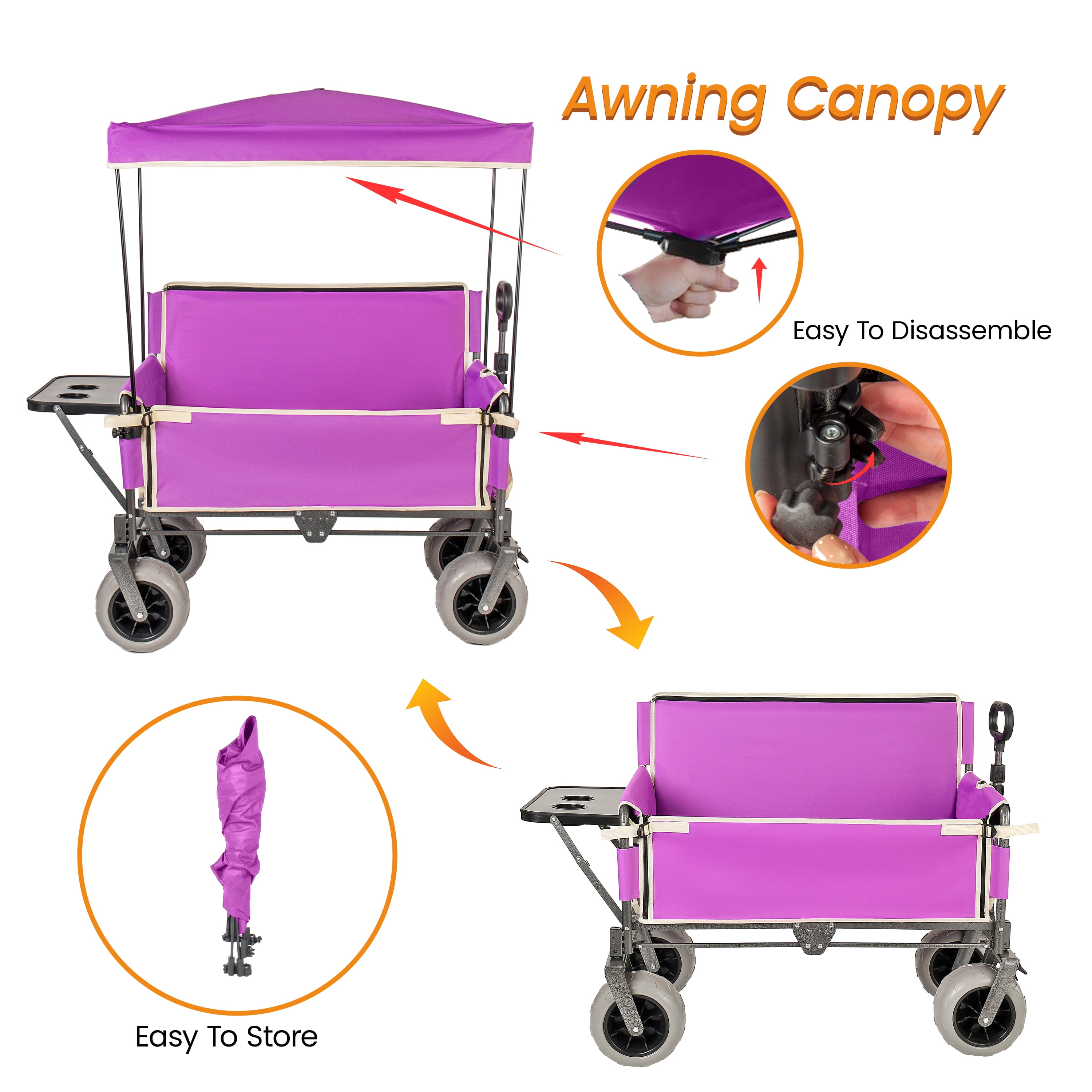 3-in-1 Collapsible Wagon Converts to Bench Convertible Folding Wagon Cart with Canopy &Rear-Mounted Folding Tabletop, 500lbs Heavy-Duty, 180L Capacity for Camping, Beach, Garden, Fishing