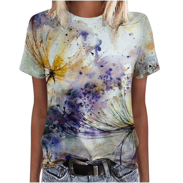 Blusa informal de manga corta con cuello redondo y estampado de verano a la moda para mujer Pompotops hfajkhk134825