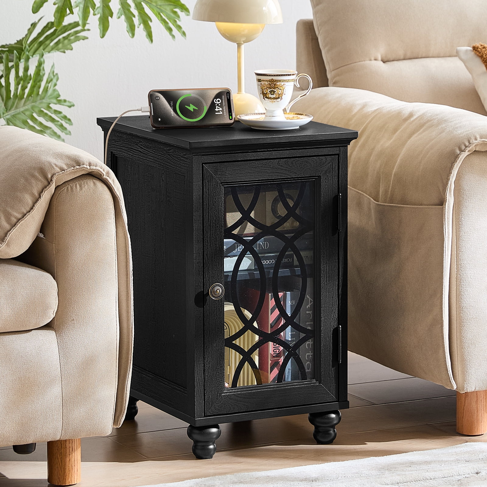 Farmhouse End Table Set of 2, Side Table, Nightstand, End Table with Glass Door and Shelf, Rustic Modern Bed Night Stand for Bedroom, Living Room, Black
