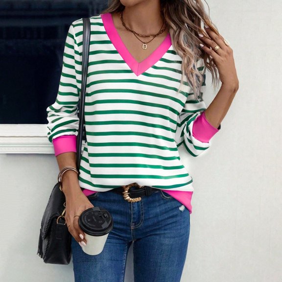 thefmos Women's Fall Winter Striped Long Sleeve V Neck Pullover Tops Dressy Casual Blouses Loose Cute Shirts Vacation Fashion Clothes, Army Green 2XL