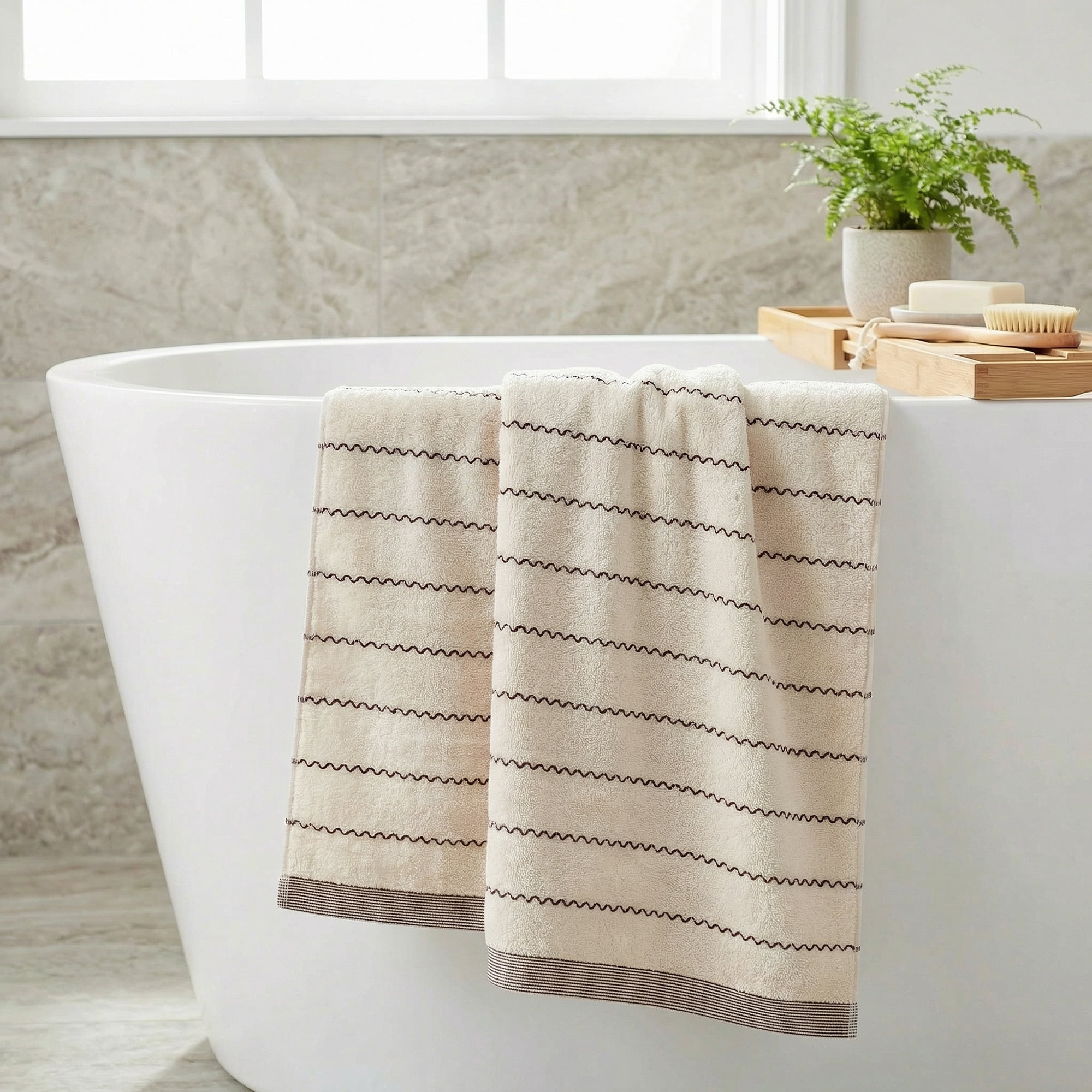 Unique Bargains Soft Highly Absorbent Cotton Stripe Bath Towel 2 Pack White/Blue 55"x28"