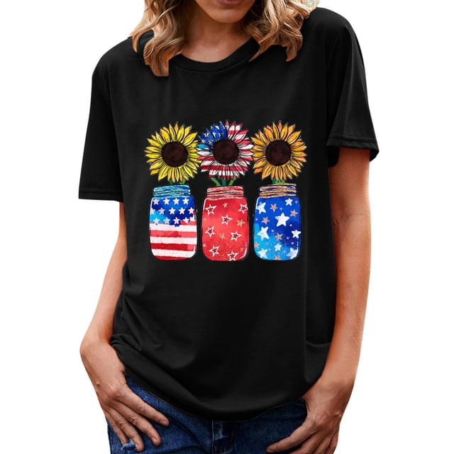 Hauts d'Été Grande Taille pour Femmes Hauts d'Été Tendance pour Femmes Imprimé de la Fête de l'Indépendance Vacances Manches Courtes Col Rond Décontracté Coupe Ample T-Shirts Graphiques Col en V T-Shirt Femme en Liquidation