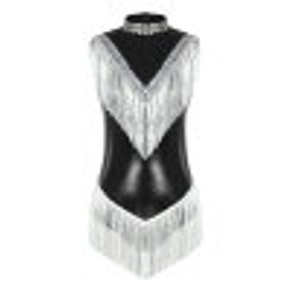 HULIJA Women's Shiny Metallic Sequins Fringed Bodysuit Tassel Latin Dance Leotard Black XL