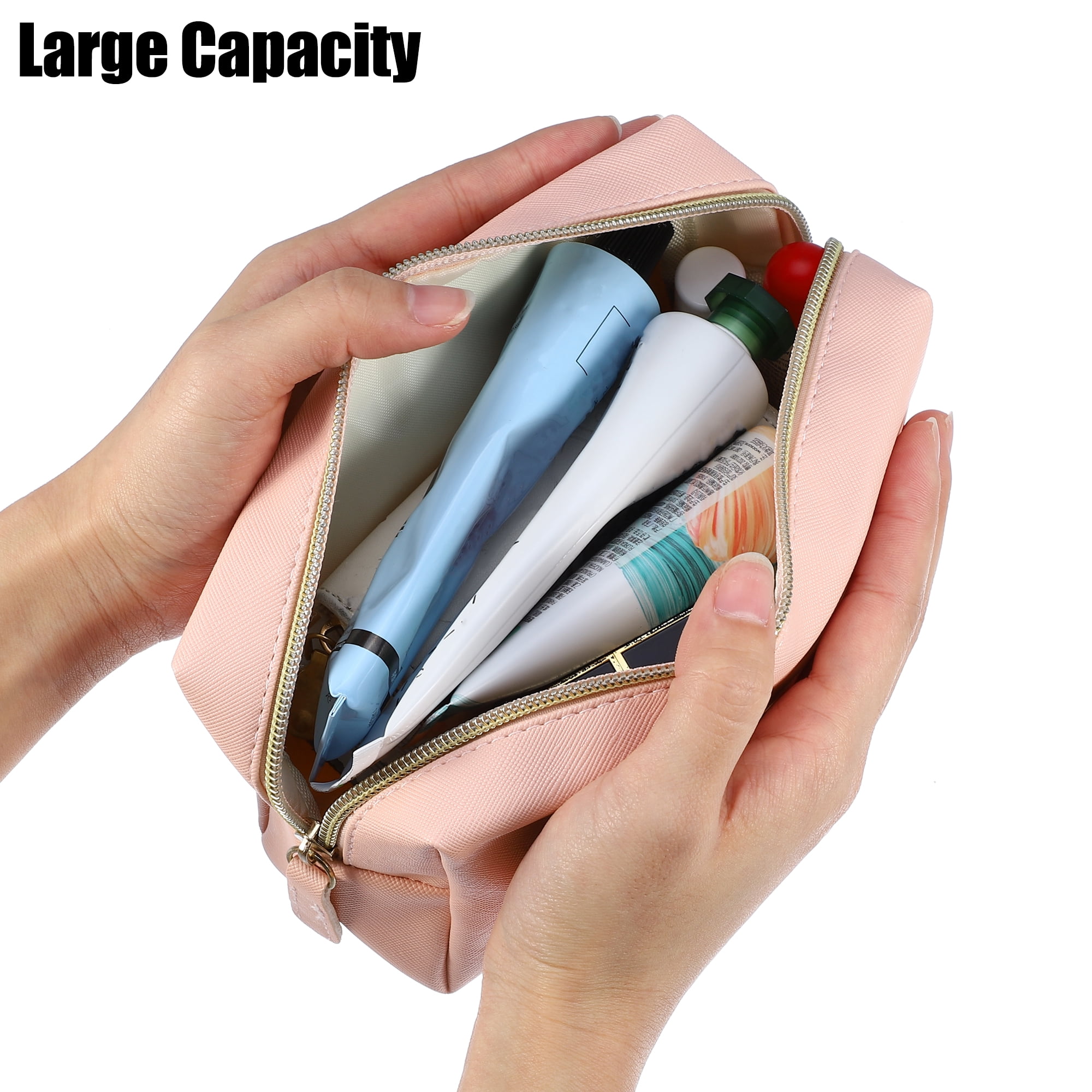 Unique Bargains PU Leather Makeup Bag Make Up Organizer Bag Toiletry Bag M Size Pink