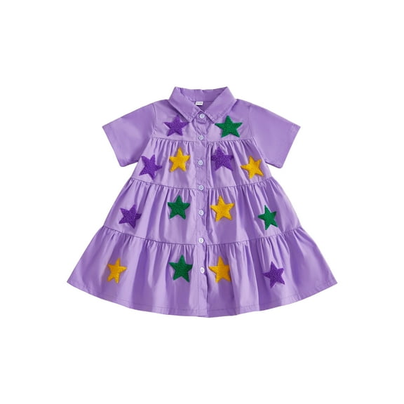 BemeyourBBs Toddler Baby Girl Mardi Gras Dress Outfit Spring Summer Carnival Clothes Short Sleeve Button Down Lapel Neck Star Embroidery Dress Playwear