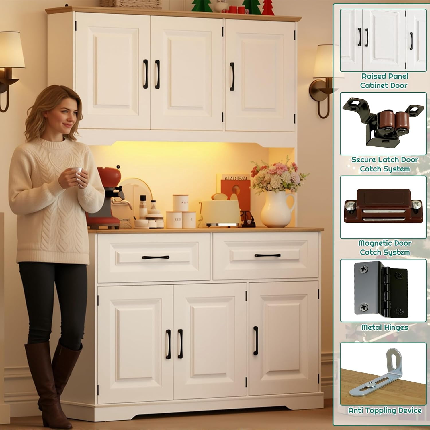 71" Tall Kitchen Pantry Cabinet with 6 Doors Shelves & Led Lights & Charge Station, 47" Wide Freestanding Farmhouse Cupboard with 2 Drawer,6 Doors Storage,Adjustable Shelves,Open Countertop, White
