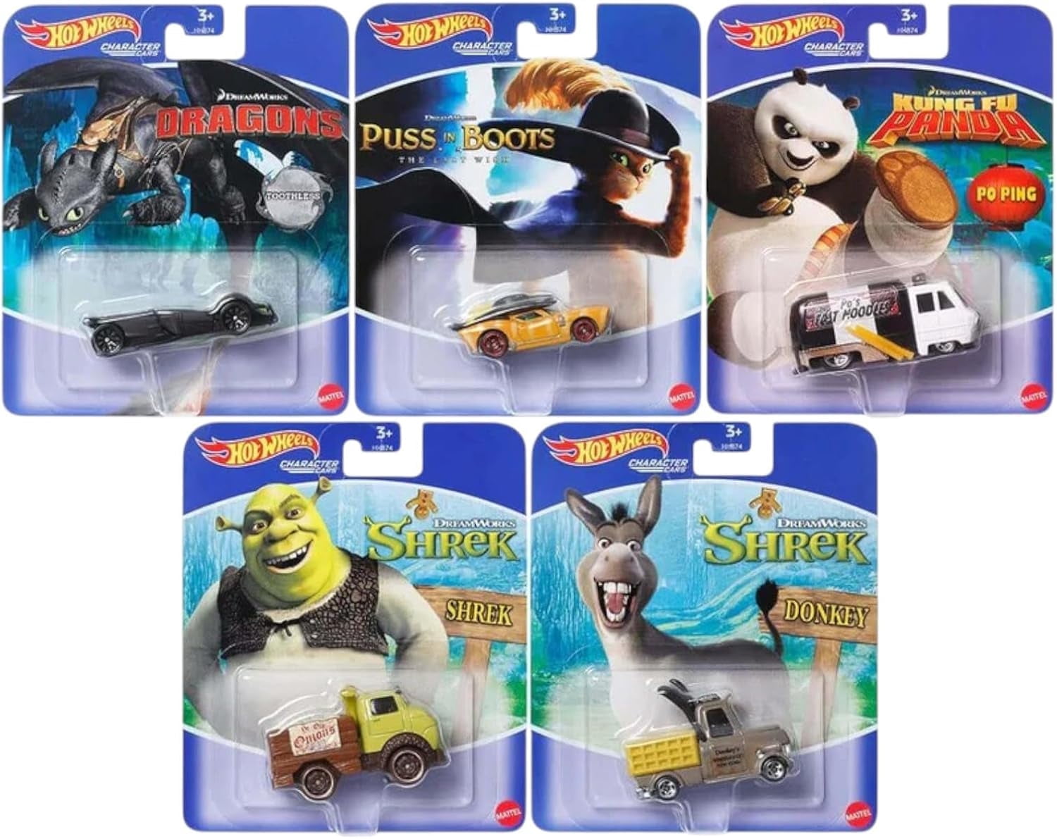 Hot Wheels DreamWorks Character Cars Collection Set, 5-Pack, Dragons, Puss in Boots, Kung Fu Panda, Shrek HHB74-956M