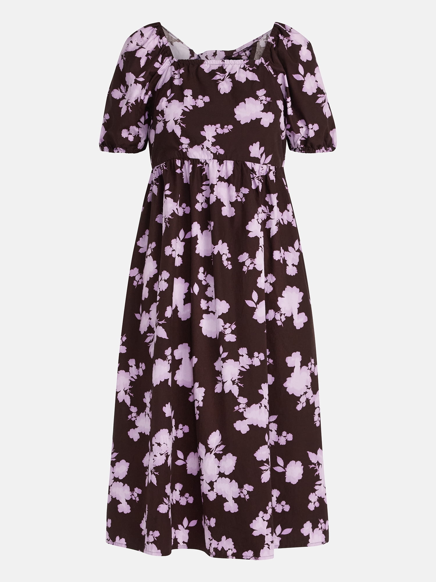 Time and Tru Women's and Women's Plus Cotton Back Tie Midi Dress with Short Puff Sleeves, Sizes XS-4X