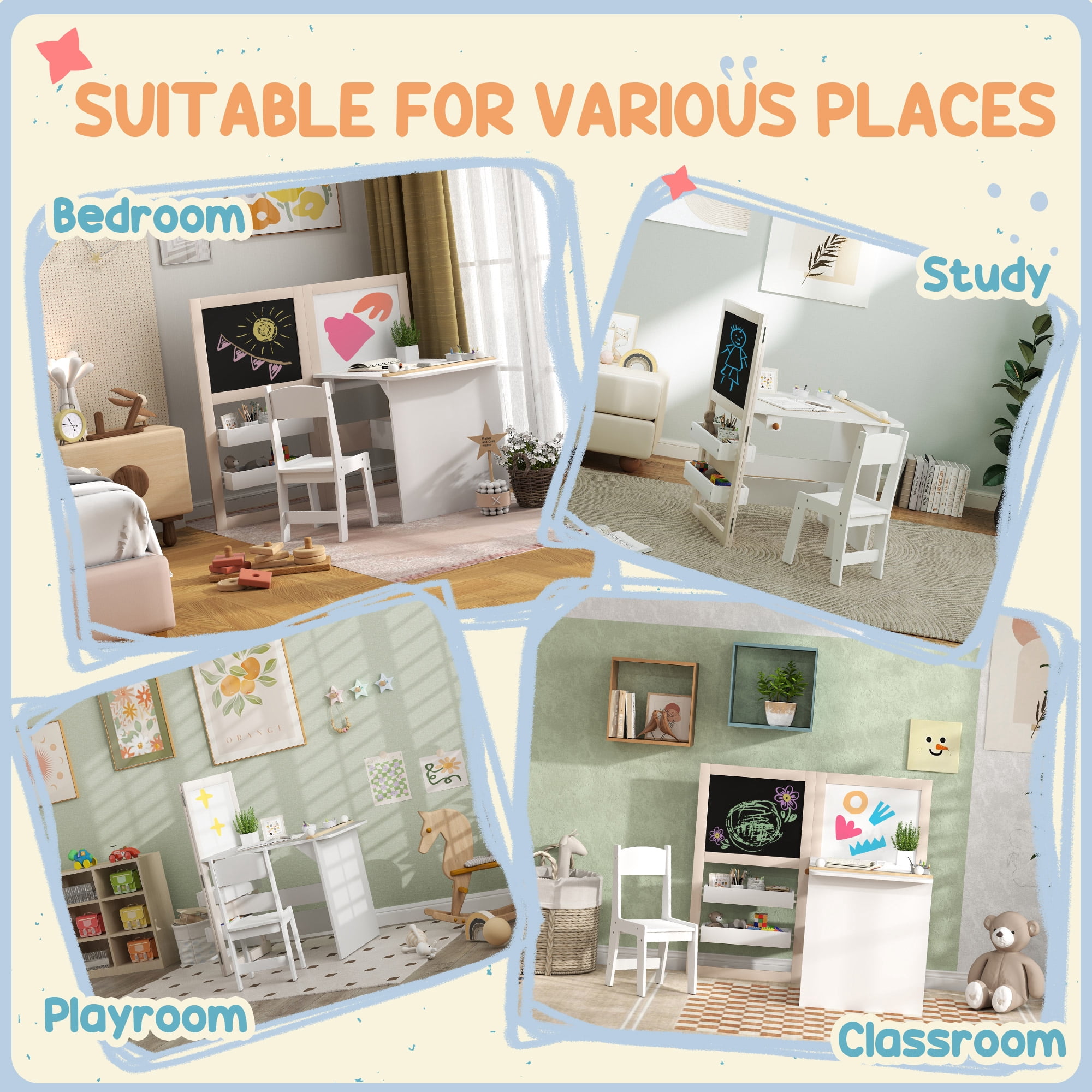 Homiyad 3 in 1 Kids Table and Chair Set with Storage, Whiteboard, Blackboard & Roll Paper for 3-8 Years, White