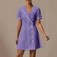 thumbnail image 2 of yoeyez Nurses Scrub Dress Uniforms Women's Solid Color Splicing Knee Length Dresses with Pocket Casual Short Sleeve V-Neck Holiday Workwear Purple,XXL, 2 of 7