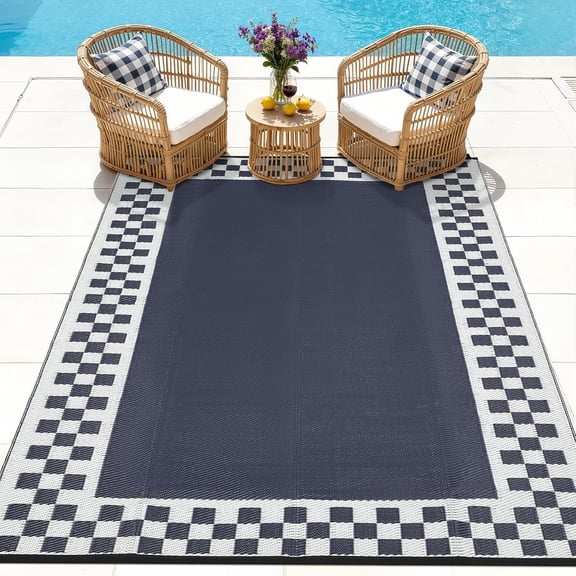 9x12 Ft Outdoor Rug Patio Stain Resistant Foldable Modern Checkered Navy